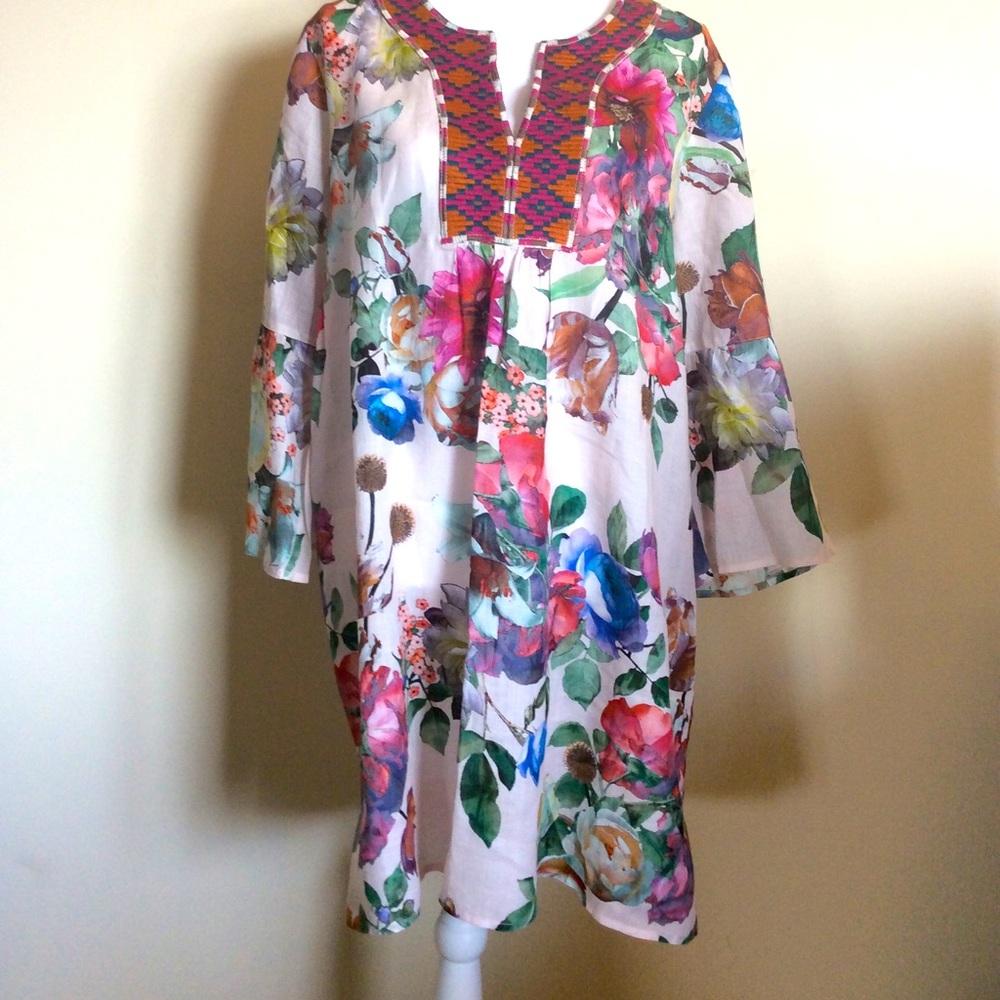 JOHNNY WAS LINEN, FLORAL FLARE SLEEVE TUNIC DRESS